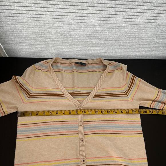 ModCloth Tan Striped V-Neck 3/4 Sleeve Button Front Cardigan Women's Size Large - Picture 10 of 12
